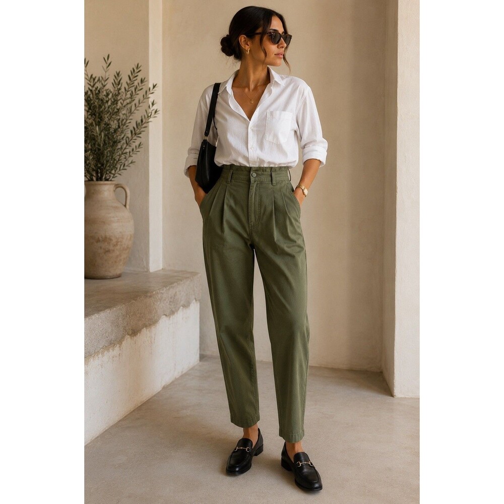 H&M L.O.G.G. Olive High Rise Tapered Chino Pants Tailored Women’s US 4 EU 36